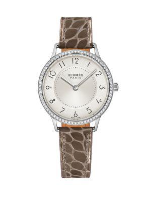 Hermes Watches Slim D'hermes Pm Diamond, Stainless Steel & Alligator Strap Watch