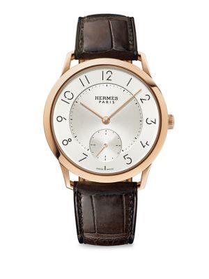 Hermes Watches Slim D'hermes Gm 18k Rose Gold & Alligator Strap Watch