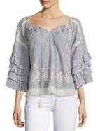 Love Sam Embroidered Off-the-shoulder Ruffle Sleeve Blouse