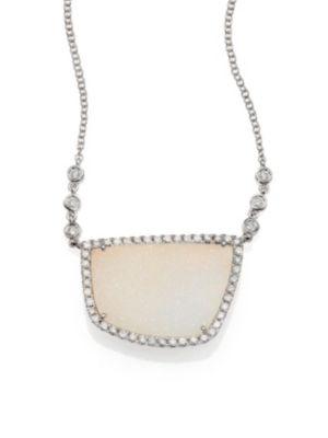 Meira T White Druzy, Diamond & 14k White Gold Pendant Necklace