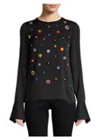 Milly Floral Beaded Silk Bell-sleeve Top