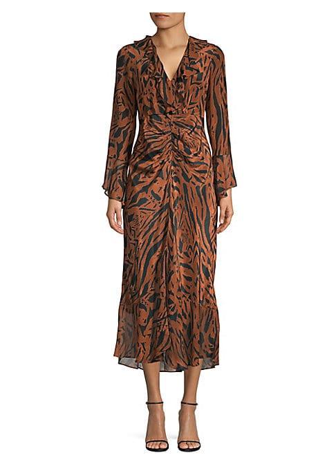 Rixo Colleen Tiger Print Silk Midi Dress