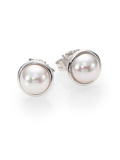 Majorica 8mm Mabe White Pearl & Sterling Silver Bezel Stud Earrings
