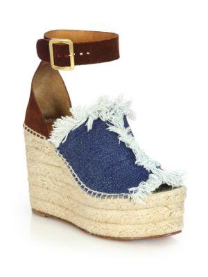 Chlo Suede & Frayed Denim Espadrille Wedge Platform Sandals