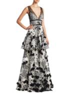 Marchesa Notte Tiered Floral Lace Gown