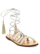 Schutz Jolina Embellished Fringe Lace-up Flat Sandals