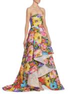 Monique Lhuillier Strapless Floral-print Hi-lo Gown