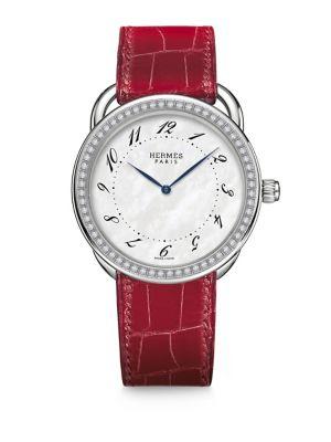 Hermes Watches Arceau Gm Diamond, Stainless Steel & Alligator Strap Watch