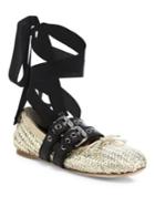 Miu Miu Belted Woven Metallic Leather Ankle-wrap Ballet Flats