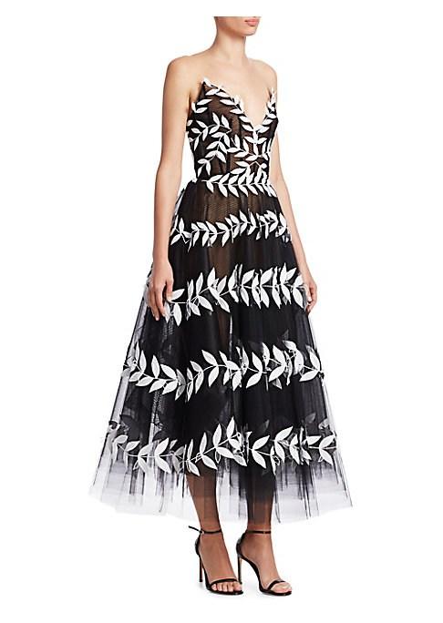 Oscar De La Renta Fern-embroidered Strapless V-neck Tulle A-line Dress