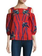 Tanya Taylor Bird Embroidered Cotton Cold Shoulder Top