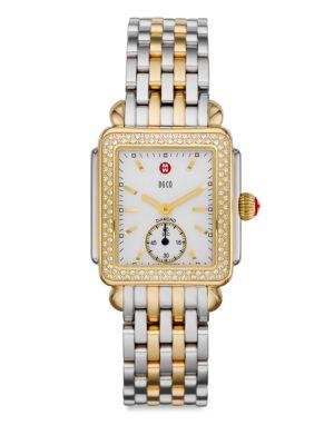 Michele Watches Deco 16 Diamond, Mother-of-pearl, 18k Goldplated & Stainless Steel Bracelet Watch