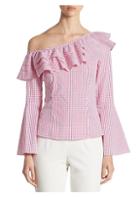 Scripted Ruffled Gingham Off-the-shoulder Top