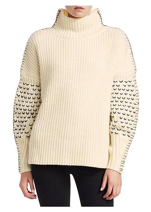 Tanya Taylor Alice Embroidered Turtleneck Knit Wool Sweater