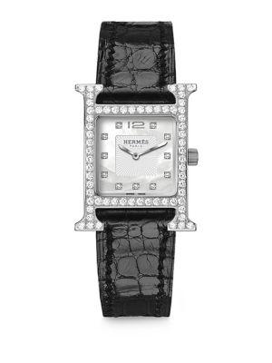 Hermes Watches Heure H Pm Diamond, Stainless Steel & Alligator Strap Watch