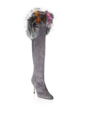 Manolo Blahnik Likanskim Fur-trim Suede Knee-high Boots