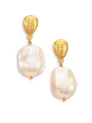 Gurhan Spell 18mm White Baroque Pearl & 24k Yellow Gold Drop Earrings