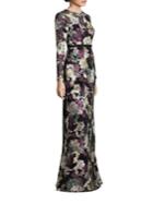 Ml Monique Lhuillier Long Sleeve Floral Embroidered Gown
