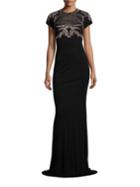 David Meister Metallice Lace Applique Gown