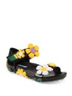 Prada Flower-embellished Patent Leather Grip-tape Sandals
