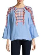 Bcbgmaxazria Embroidered Tassel Bell-sleeve Chambray Blouse