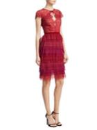 Marchesa Notte Short-sleeve Pleated Lace Cocktail Dress