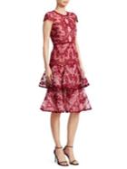 Marchesa Notte Short-sleeve Lace Tiered Cocktail Dress