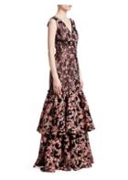David Meister Jacquard Floral Tiered Ruffle Gown