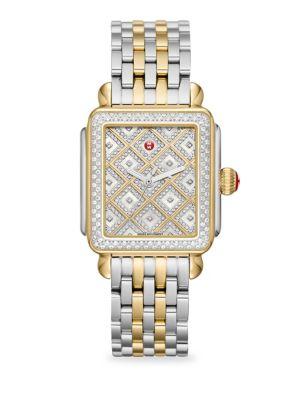 Michele Watches Deco Two-tone Mother-of-pearl, Diamond Grid & Stainless Steel Bracelet Watch