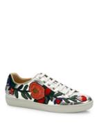 Gucci New Ace Floral-embroidered Metallic Leather Sneakers
