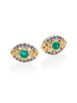 Temple St. Clair Evil Eye Diamond, Emerald, Blue Sapphire & 18k Yellow Gold Stud Earrings