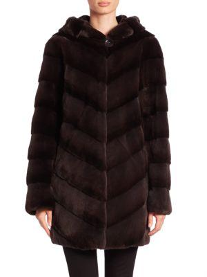 The Fur Salon Hooded Chevron Plucked Mink Fur Coat