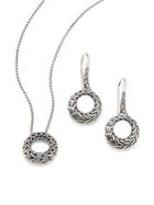 John Hardy Classic Chain Sterling Silver Small Round Pendant Necklace & Drop Earrings Gift Box Set