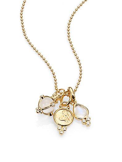 Temple St. Clair Rock Crystal, Moonstone, Diamond & 18k Yellow Gold Charm Necklace