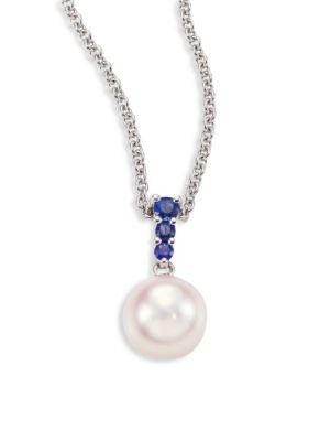 Mikimoto Morning Dew 8mm White Cultured Akoya Pearl, Sapphire & 18k White Gold Pendant Necklace