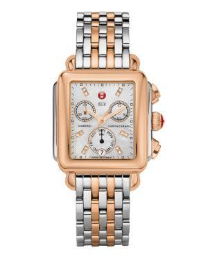 Michele Watches Deco 18 Diamond, Mother-of-pearl, 18k Rose Goldplated & Stainless Steel Bracelet Watch