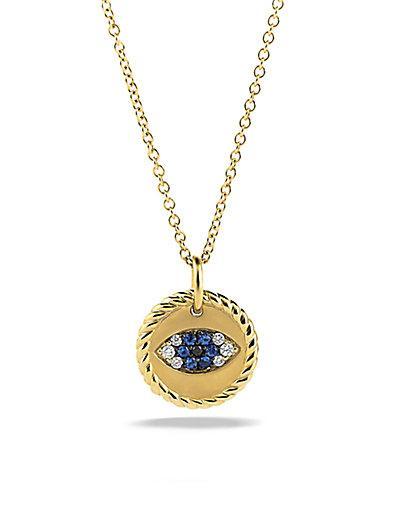 David Yurman Cable Collectibles Evil Eye Charm Necklace With Blue Sapphire, Black Diamonds, And Diamonds In Gold