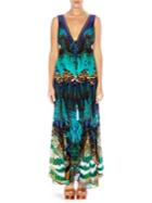 Camilla Print V-neck Silk Drawstring Maxi Dress