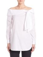 Tibi Cotton Tuxedo Shirting Off-the-shoulder Bow Top