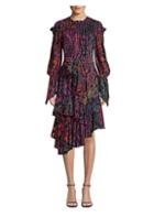 Josie Natori Bohemian Garden Print Asymmetric Silk A-line Midi Dress