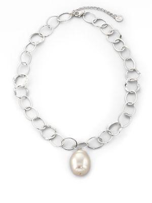 Majorica 22mm White Baroque Pearl & Sterling Silver Chain Drop Pendant Necklace