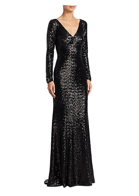 Theia Long-sleeve Beaded Gown