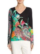 Etro Floral Paisley Silk & Cashmere V-neck Sweater