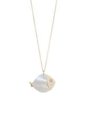 Nayla Arida 18k Yellow Gold Carved White Mother-of-pearl, White Diamonds, Pink Sapphire Large Fish Necklace