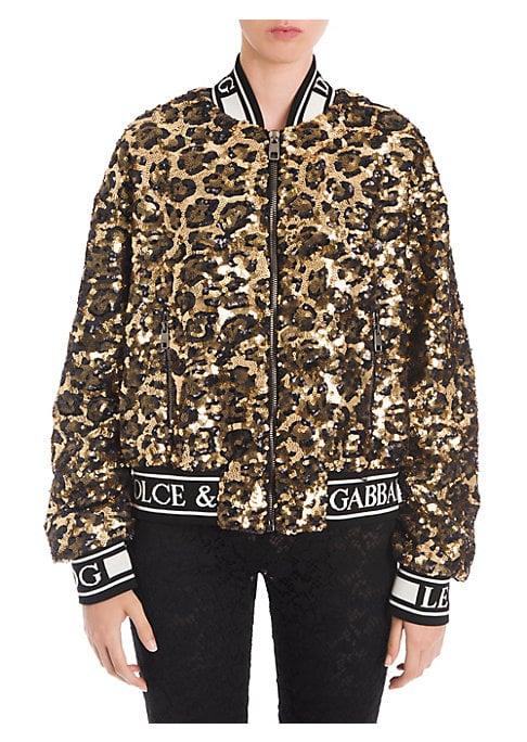 Dolce & Gabbana Leopard Print Sequin Logo Trim Bomber