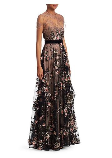 Talbot Runhof Mixed Media Embroidered Gown