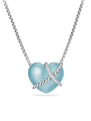 David Yurman Le Petit Coeur Sculpted Heart Chain Necklace With Milky Aquamarine And Diamonds