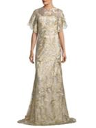 David Meister Metallic Embroidered Gown
