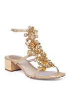 Rene Caovilla Crystal-embellished Snakeskin T-strap Block Heel Sandals