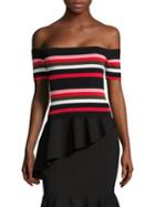 Scripted Off-the-shoulder Striped Rib-knit Top